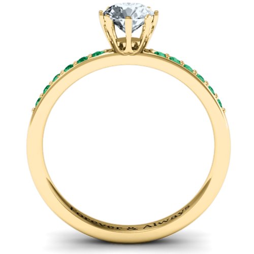 8 Prong Set Solitaire Ring with Shoulder Accents – 10K Yellow Gold with Cubic Zirconia and Green Premium Zirconia