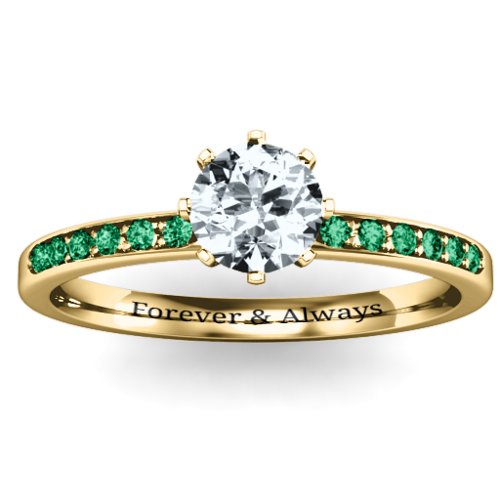 8 Prong Set Solitaire Ring with Shoulder Accents – 10K Yellow Gold with Cubic Zirconia and Green Premium Zirconia