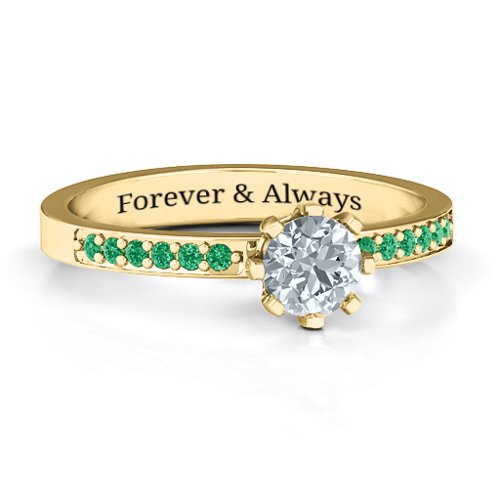 8 Prong Set Solitaire Ring with Shoulder Accents – 10K Yellow Gold with Cubic Zirconia and Green Premium Zirconia