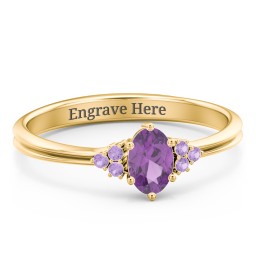 Solitaire Oval with Triple Accents Ring in 18K Gold Plated Silver with Amethyst, Amethyst Premium Zirconia, and White Premium Zirconia