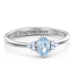 Solitaire Oval with Triple Accents Ring in 925 Sterling Silver with Aquamarine, Fancy Blue Premium Zirconia, and Cubic Zirconia