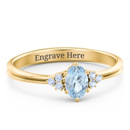 Solitaire Oval with Triple Accents Ring in 18K Gold Plated Silver with Aquamarine, Fancy Blue Premium Zirconia, and White Premium Zirconia
