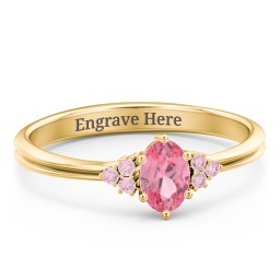 Solitaire Oval with Triple Accents Ring in 18K Gold Plated Silver with Pink Tourmaline, Fancy Pink Premium Zirconia, and White Premium Zirconia