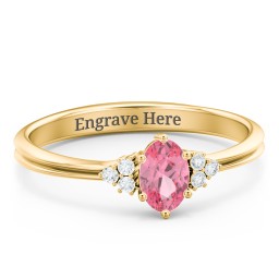 Solitaire Oval with Triple Accents Ring in 18K Gold Plated Silver with Pink Tourmaline and White Premium Zirconia