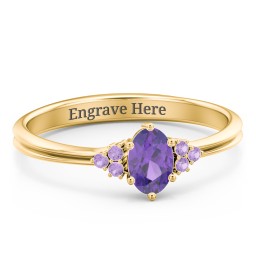 Solitaire Oval with Triple Accents Ring in 10K Solid Yellow Gold with Amethyst, Amethyst Premium Zirconia, and Cubic Zirconia