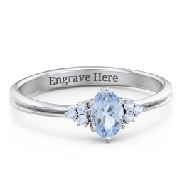 Solitaire Oval with Triple Accents Ring in 925 Sterling Silver with Aquamarine, Fancy Blue Premium Zirconia, and Diamond