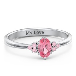 Solitaire Oval with Triple Accents Ring in 925 Sterling Silver with Pink Tourmaline, Fancy Pink Premium Zirconia, and Diamond