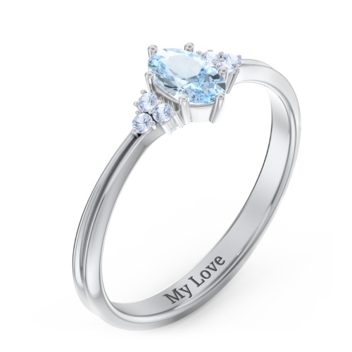 Solitaire Oval with Triple Accents Ring – Sterling Silver with Aquamarine and Fancy Blue Premium Zirconia