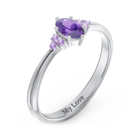 Solitaire Oval with Triple Accents Ring – Sterling Silver with Amethyst and Amethyst Premium Zirconia