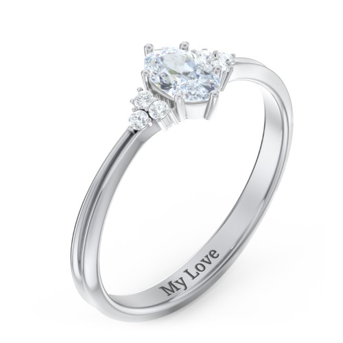 Solitaire Oval with Triple Accents Ring – Sterling Silver with Diamond