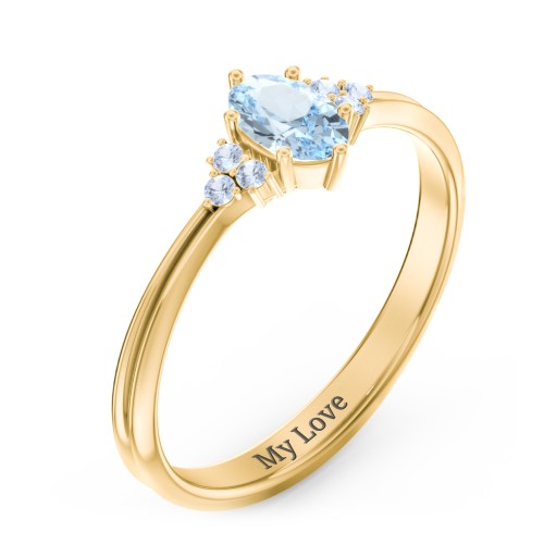 Solitaire Oval with Triple Accents Ring – 18K Gold Plated Silver with Aquamarine and Fancy Blue Premium Zirconia