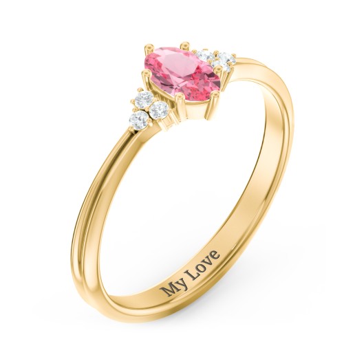 Solitaire Oval with Triple Accents Ring – 18K Gold Plated Silver with Pink Tourmaline and White Premium Zirconia