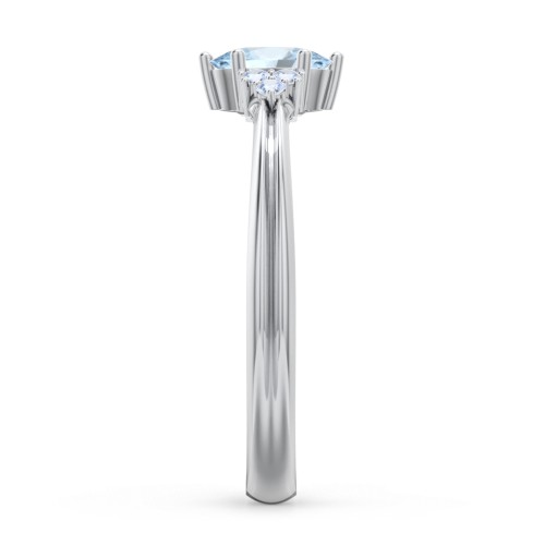 Solitaire Oval with Triple Accents Ring – Sterling Silver with Aquamarine and Fancy Blue Premium Zirconia