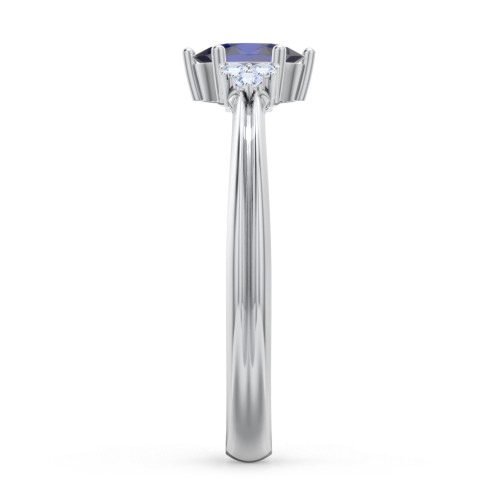 Solitaire Oval with Triple Accents Ring – Sterling Silver with Blue Sapphire and Fancy Blue Premium Zirconia