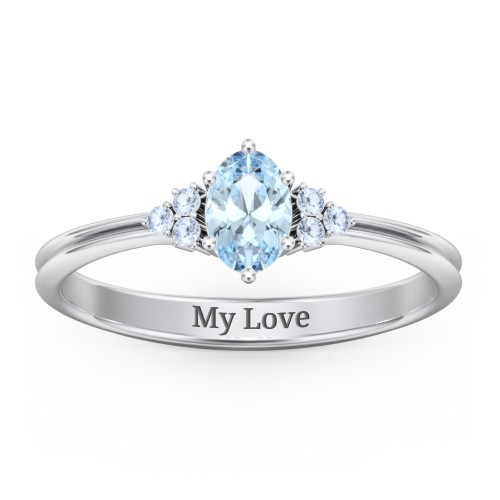 Solitaire Oval with Triple Accents Ring – Sterling Silver with Aquamarine and Fancy Blue Premium Zirconia