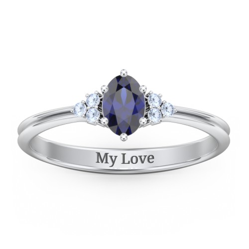 Solitaire Oval with Triple Accents Ring – Sterling Silver with Blue Sapphire and Fancy Blue Premium Zirconia