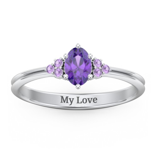 Solitaire Oval with Triple Accents Ring – Sterling Silver with Amethyst and Amethyst Premium Zirconia