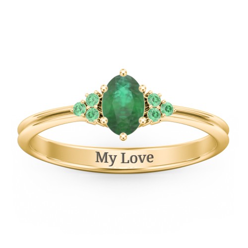 Solitaire Oval with Triple Accents Ring – 10K Yellow Gold with Emerald and Green Premium Zirconia