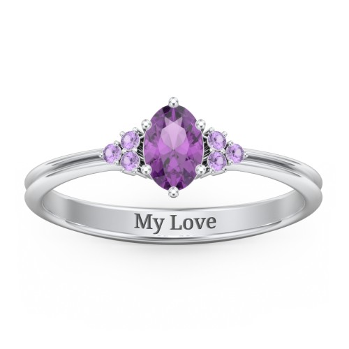 Solitaire Oval with Triple Accents Ring – Sterling Silver with Amethyst and Amethyst Premium Zirconia