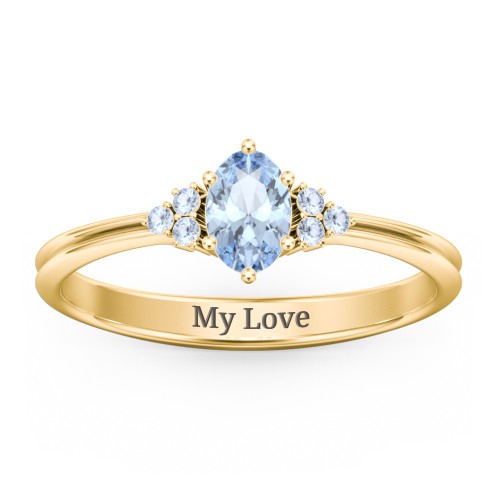 Solitaire Oval with Triple Accents Ring – 18K Gold Plated Silver with Aquamarine and Fancy Blue Premium Zirconia