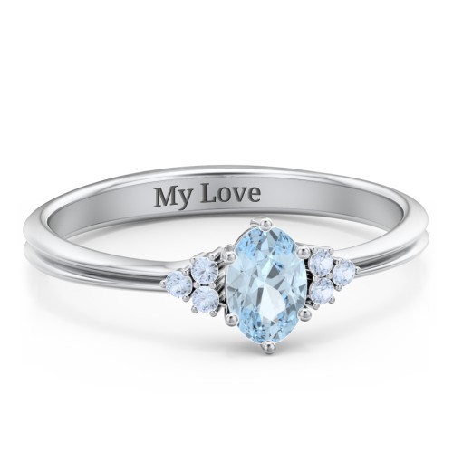 Solitaire Oval with Triple Accents Ring – Sterling Silver with Aquamarine and Fancy Blue Premium Zirconia