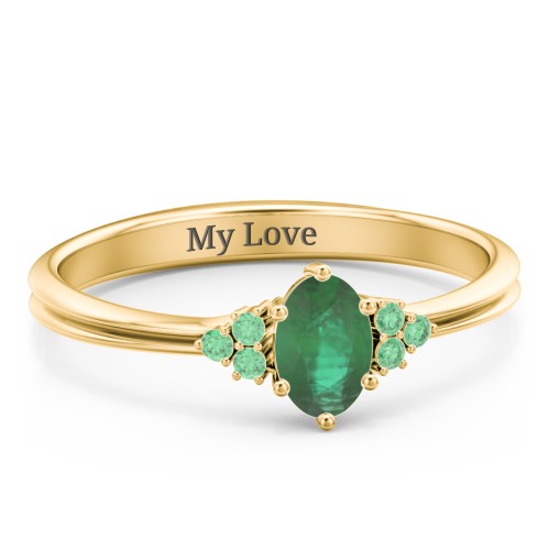 Solitaire Oval with Triple Accents Ring – 10K Yellow Gold with Emerald and Green Premium Zirconia