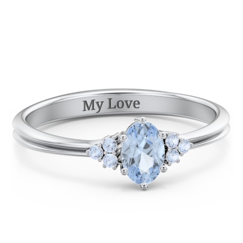 Solitaire Oval with Triple Accents Ring – Sterling Silver with Aquamarine and Fancy Blue Premium Zirconia