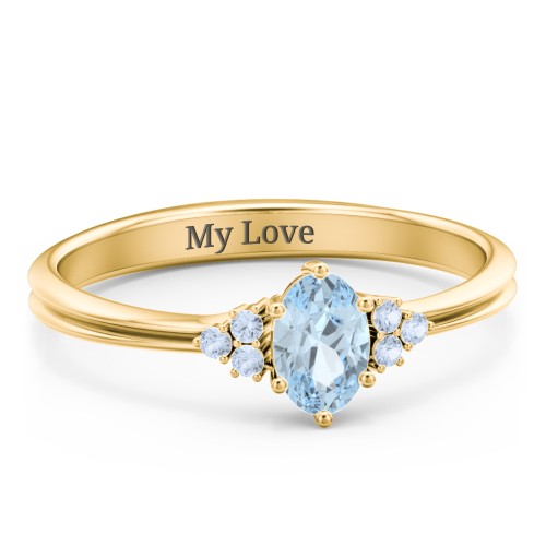 Solitaire Oval with Triple Accents Ring – 18K Gold Plated Silver with Aquamarine and Fancy Blue Premium Zirconia
