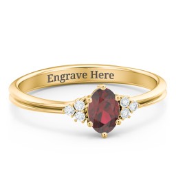 Solitaire Oval with Triple Accents Ring in 18K Gold Plated Silver with Garnet and White Premium Zirconia