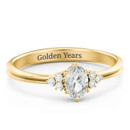 Solitaire Oval with Triple Accents Ring in 18K Gold Plated Silver with Cubic Zirconia and White Premium Zirconia