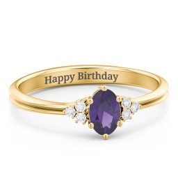 Solitaire Oval with Triple Accents Ring in 18K Gold Plated Silver with Amethyst and White Premium Zirconia