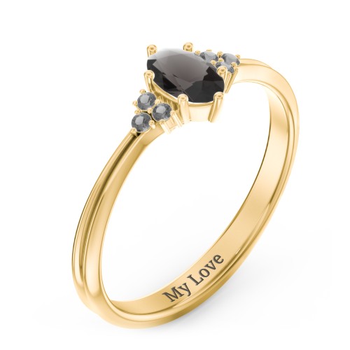 Solitaire Oval with Triple Accents Ring – 18K Gold Plated Silver with Smokey Quartz and Black Premium Zirconia