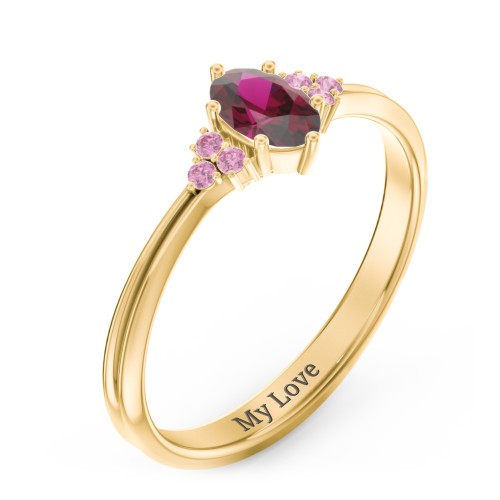 Solitaire Oval with Triple Accents Ring – 18K Gold Plated Silver with Ruby and Red Premium Zirconia