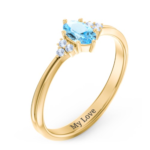 Solitaire Oval with Triple Accents Ring – 18K Gold Plated Silver with Blue Topaz and Fancy Blue Premium Zirconia