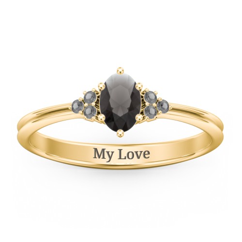 Solitaire Oval with Triple Accents Ring – 18K Gold Plated Silver with Smokey Quartz and Black Premium Zirconia