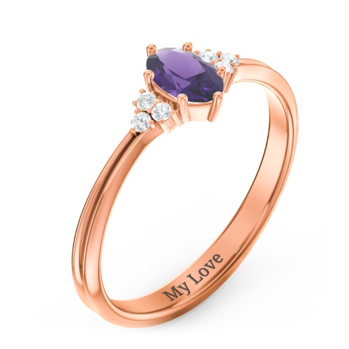 Solitaire Oval with Triple Accents Ring – 10K Rose Gold with Amethyst and White Premium Zirconia