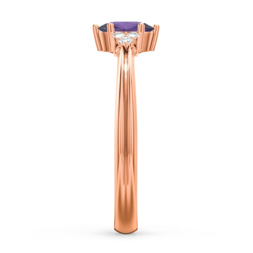 Solitaire Oval with Triple Accents Ring – 10K Rose Gold with Amethyst and White Premium Zirconia