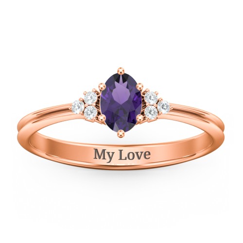 Solitaire Oval with Triple Accents Ring – 10K Rose Gold with Amethyst and White Premium Zirconia