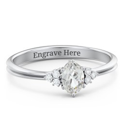 Solitaire Oval with Triple Accents Ring in 925 Sterling Silver with Cubic Zirconia, White Premium Zirconia, and Diamond