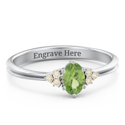 Solitaire Oval with Triple Accents Ring in 925 Sterling Silver with Peridot, Fancy Yellow Premium Zirconia, and Diamond