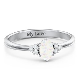 Solitaire Oval with Triple Accents Ring in 925 Sterling Silver with Opal, White Premium Zirconia, and Diamond