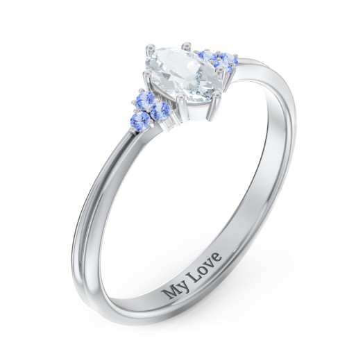 Solitaire Oval with Triple Accents Ring – Sterling Silver with Aquamarine and Fancy Blue Premium Zirconia