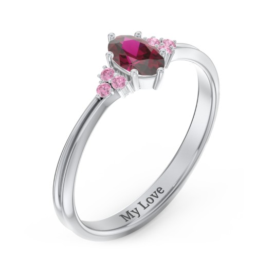 Solitaire Oval with Triple Accents Ring – Sterling Silver with Ruby and Red Premium Zirconia