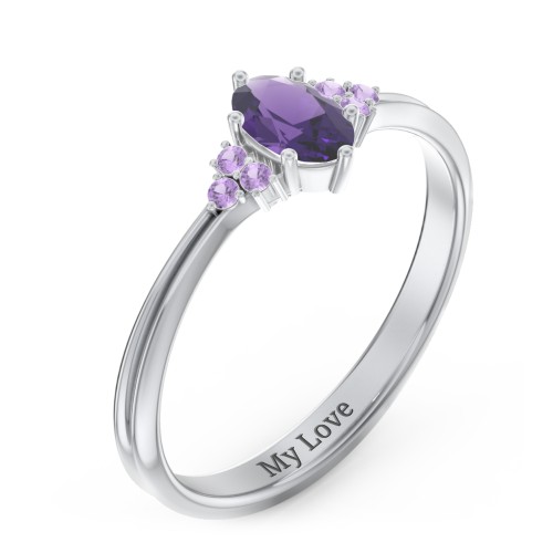 Solitaire Oval with Triple Accents Ring – Sterling Silver with Amethyst and Amethyst Premium Zirconia