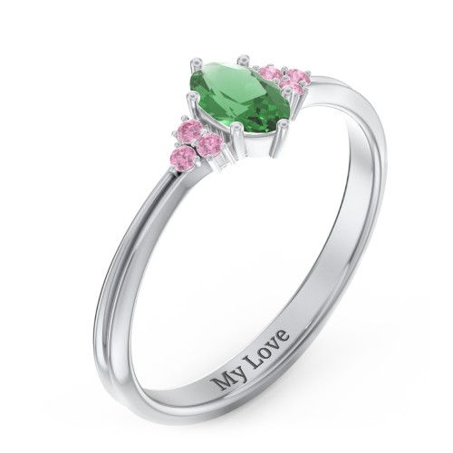 Solitaire Oval with Triple Accents Ring – Sterling Silver with Emerald and Red Premium Zirconia
