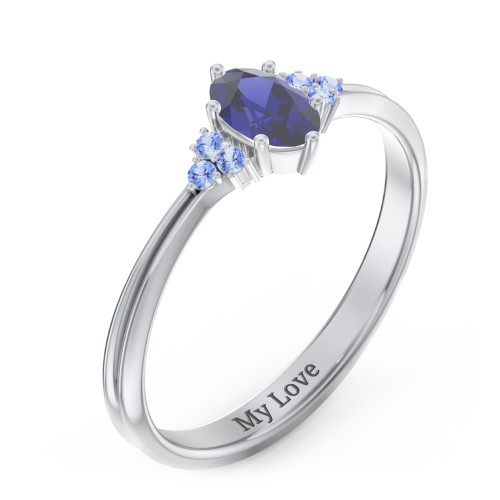 Solitaire Oval with Triple Accents Ring – Sterling Silver with Blue Sapphire and Fancy Blue Premium Zirconia