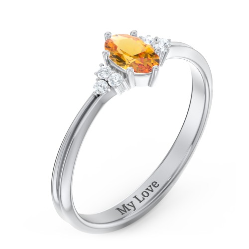 Solitaire Oval with Triple Accents Ring – Sterling Silver with Citrine and Diamond