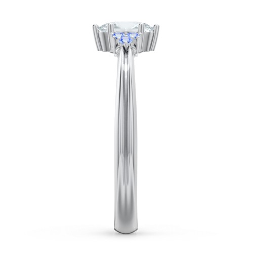 Solitaire Oval with Triple Accents Ring – Sterling Silver with Aquamarine and Fancy Blue Premium Zirconia