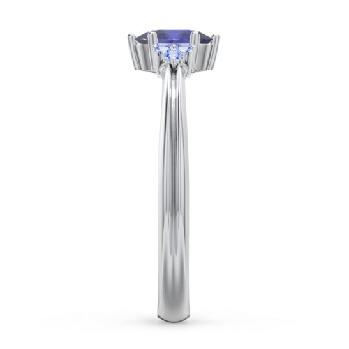 Solitaire Oval with Triple Accents Ring – Sterling Silver with Blue Sapphire and Fancy Blue Premium Zirconia