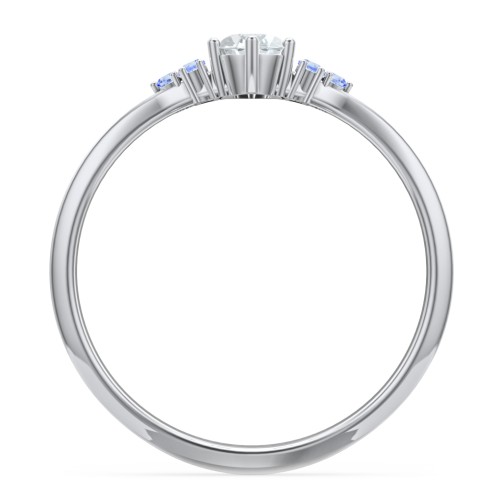 Solitaire Oval with Triple Accents Ring – Sterling Silver with Aquamarine and Fancy Blue Premium Zirconia
